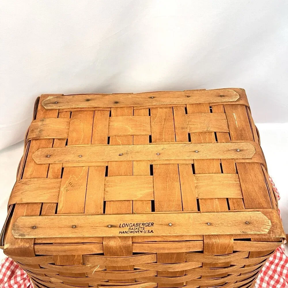 Longaberger Large Picnic Basket Red Gingham Liner Wood Lid USA 1996 Vintage